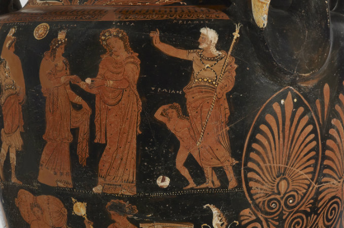 Détail d'un cratère, ou type de vase, montrant l'arrivée Hélène devant le roi Priam de Troie