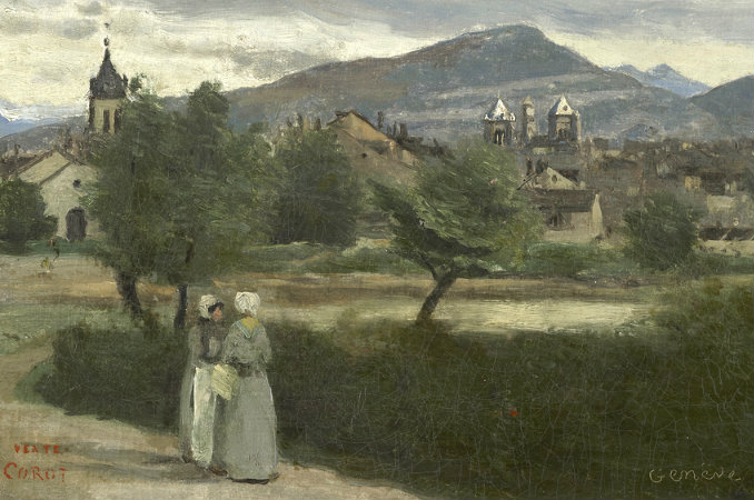 Tableau représentant deux femmes en campagne, avec au loin la cathédrale Saint-Pierre de Genève et la ville et au fond le Salève